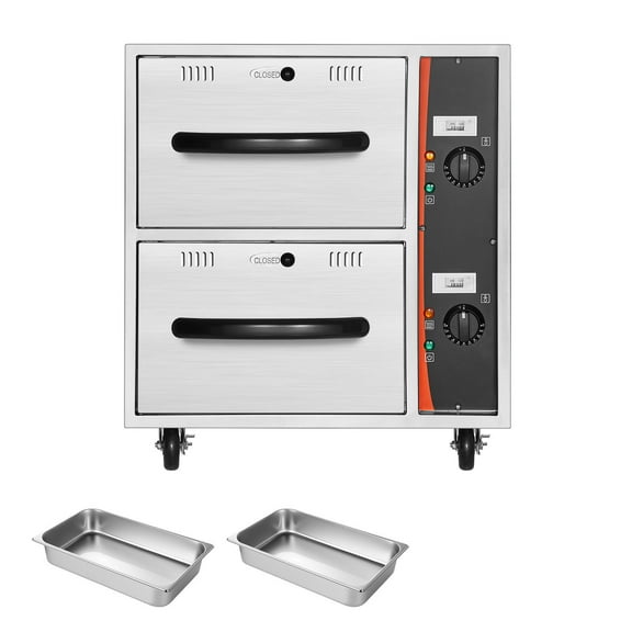 KFFKFF Commercial Electric Drawer Warmer, Stainless Steel Food Warming Cabinet with 2 Full-Size Pans, Freestanding Design, Adjustable Temperature Range from 85°F to 185°F, Ideal for Restaurants