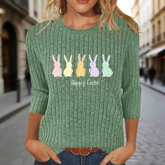 Mifsaly Ribbed Easter Tshirts for Women Cute Animal Graphic 3/4 Sleeve Shirts Comfortable Breathable Casual Easter Tops Tee M