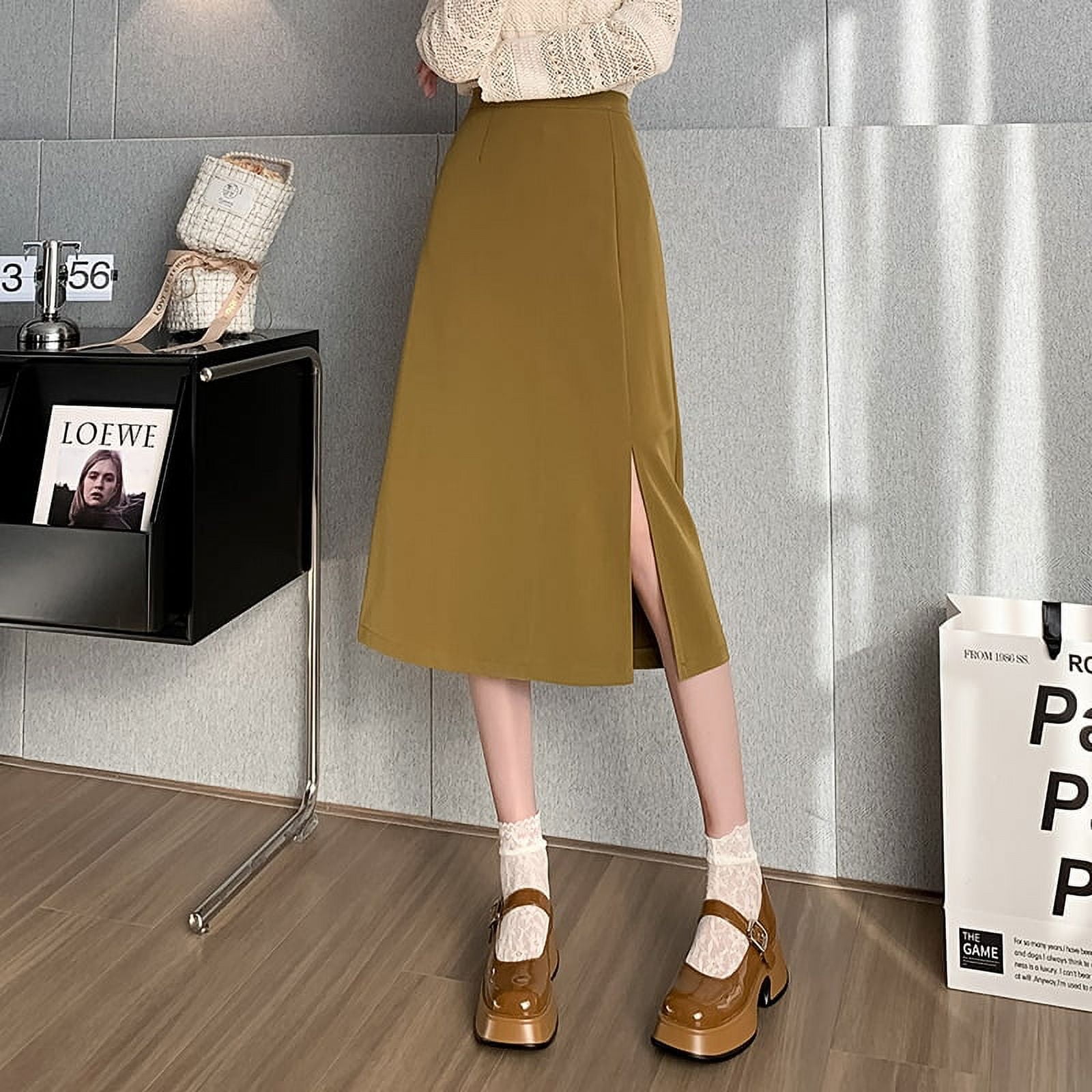 PIKADINGNIS Womens Skirt casual Side Slit Midi Skirts Hight Waist
