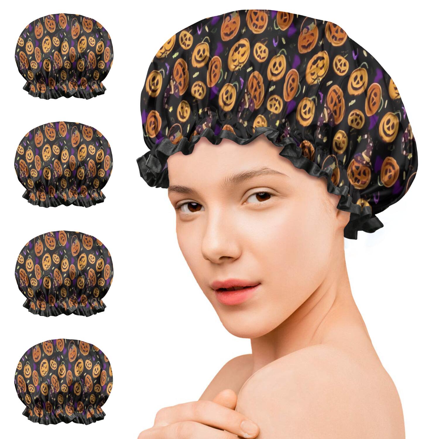 Shower Caps,Pumpkin Pattern Halloween Waterproof Shower Cap for Women 4 Pieces,Double Reusable Hair Cover for Shower PEVA Elastic Stretch Hem