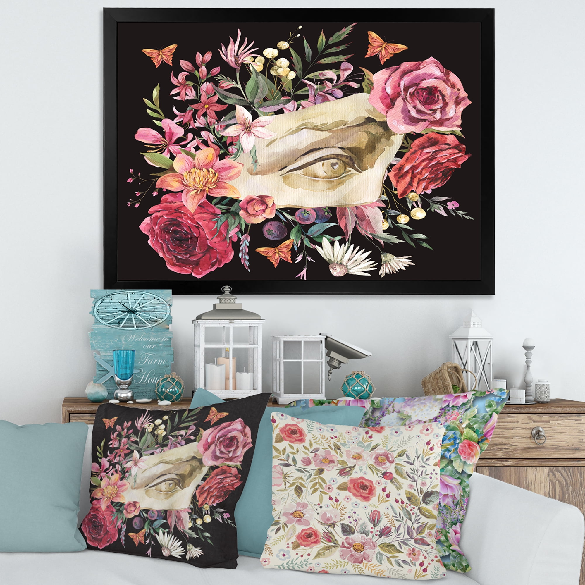 Designart 'Dried Wildflowers With Greek Sculpture David Eye' Farmhouse Framed Art Print