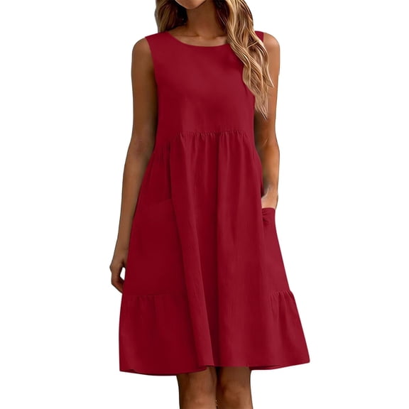 Puliio Summer Dresses for Women Sleeveless Round Neck Linen Blend Ruffle Hem Casual Dress with Pockets