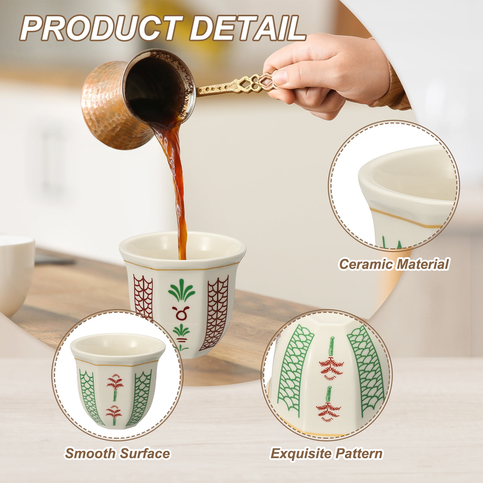 Uxcell Arabic Coffee Cup, 8.5 oz Ceramic Tea Cups Espresso Coffee Mug for Latte Cappuccino Milk Office Home Party Gifts, (White/Green, Style F)