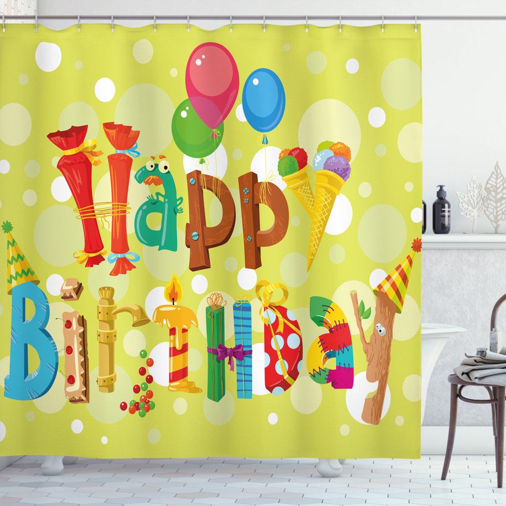 Birthday Shower Curtain, Happy Birthday in Cute Shapes Funny Figures ...