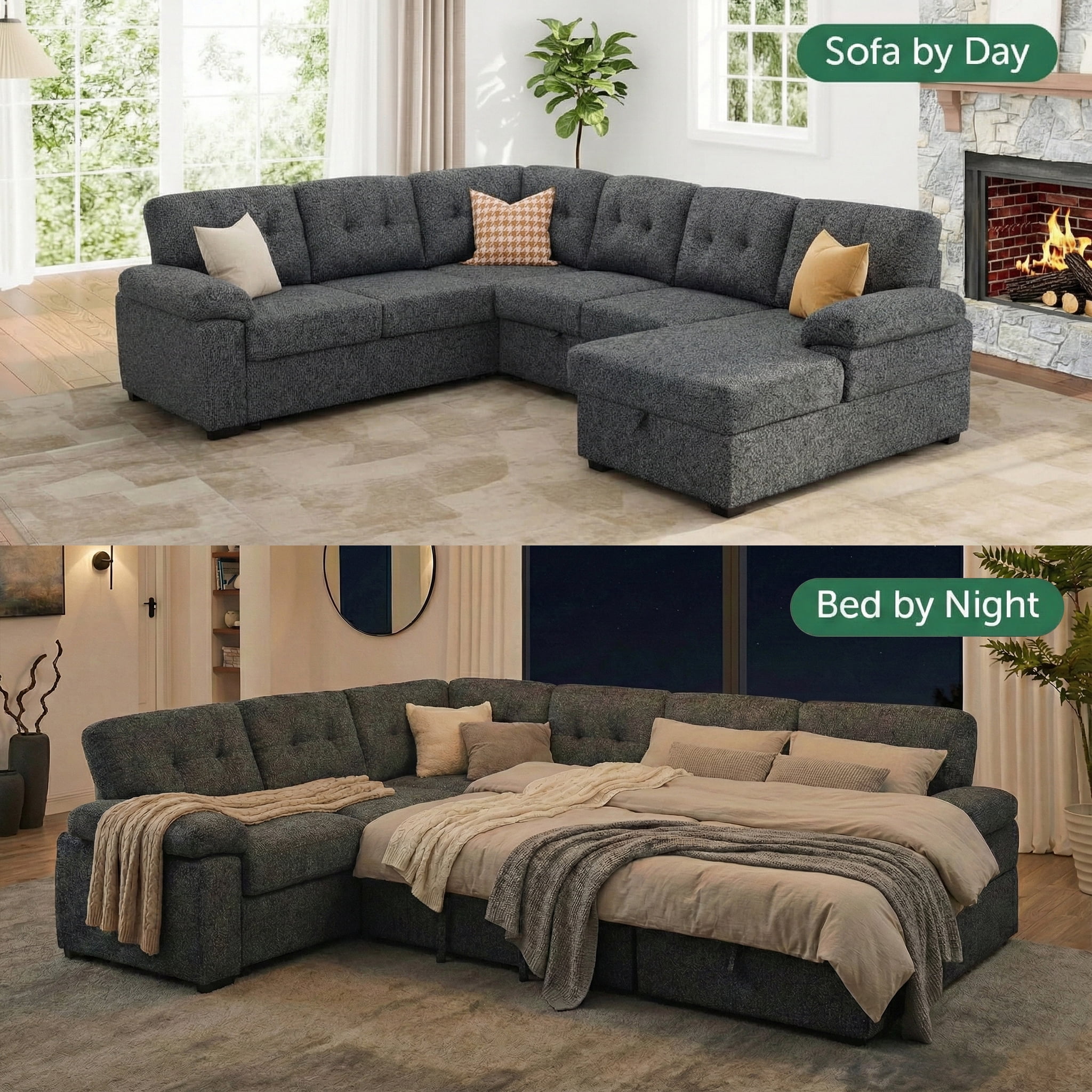 AENKYO U-Shaped Sectional Sleeper Sofa with Pull Out Bed, Linen Modular Couch with Storage for Living Room, Gray