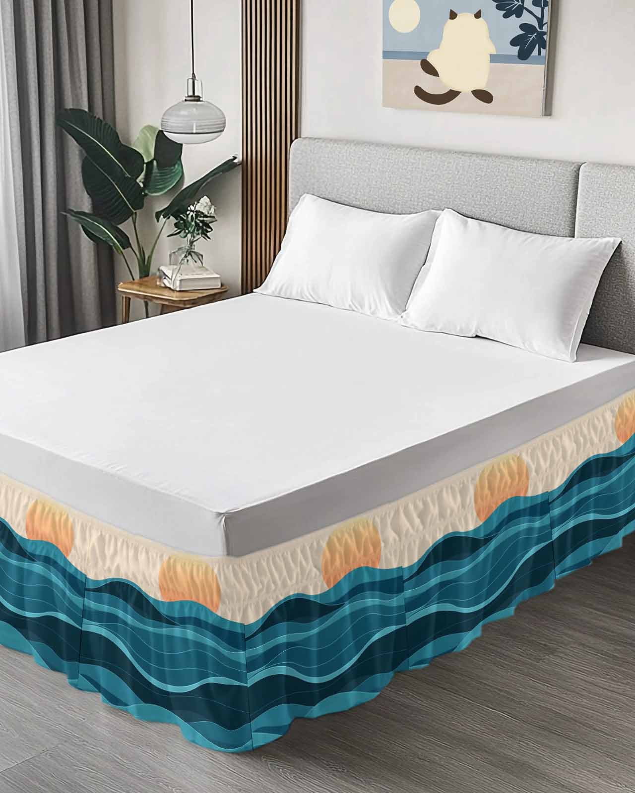 Teal Waves Wrap Around Bed Skirts for Queen Bed 18" Drop, Bed Skirt with Adjustable Elastic Belt Dust Ruffle Bed Valance for Bedroom Hotel Luxury Watercolor Sun Turquoise Ombre Bed Frame Cover