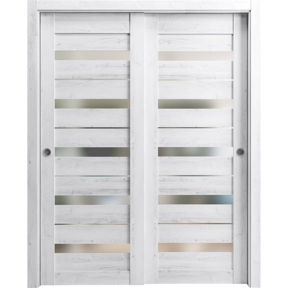 Sliding Closet Bypass Doors 48 x 80 inches | Quadro 4445 Nordic White with Frosted Glass | Sturdy Rails Moldings Trims Hardware Set | Wood Solid Bedroom Wardrobe Doors