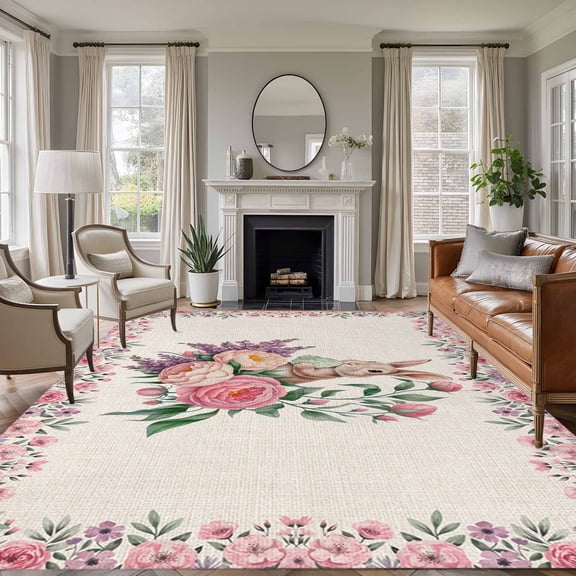 Large Area Rugs for Living Room Bedroom, Easter Bunny Roses 8'x10' Rug Washable Carpet Runner Indoor Outdoor, Pink Floral Spring Linen Non Slip Floor Mats Rug for Kitchen, Patio