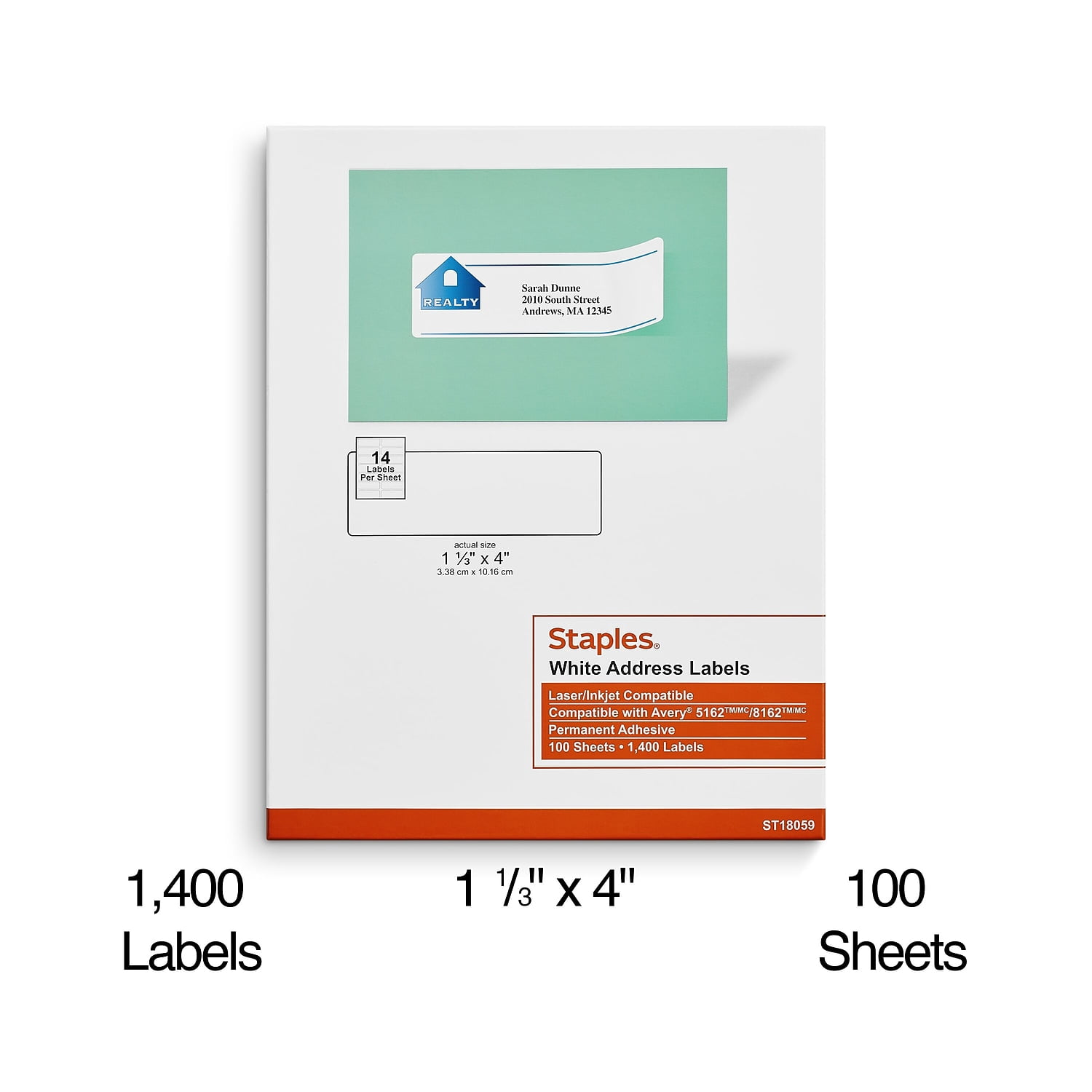 Staples Laser/Inkjet Address Labels 1 1/3" x 4" White 14 Labels/Sheet 2800/Carton ST18059-CCVS