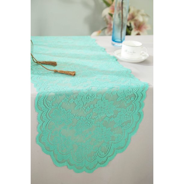 Wedding Linens Inc. 13.5"x 108" Lace Table Runner Tiffany Blue / Aqua