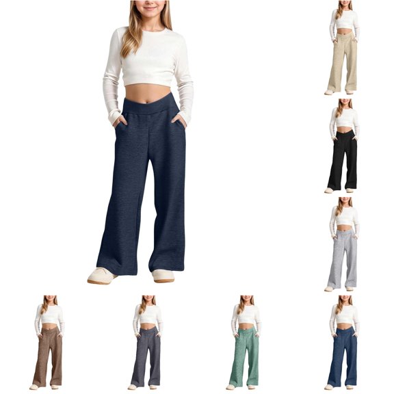 WhouRiu Girls Casual Sweatpants Solid Color Elastic Waist Baggy Wide Leg Jogger Pants Kids Comfortable Daily Trousers With Pockets,14-15 Years