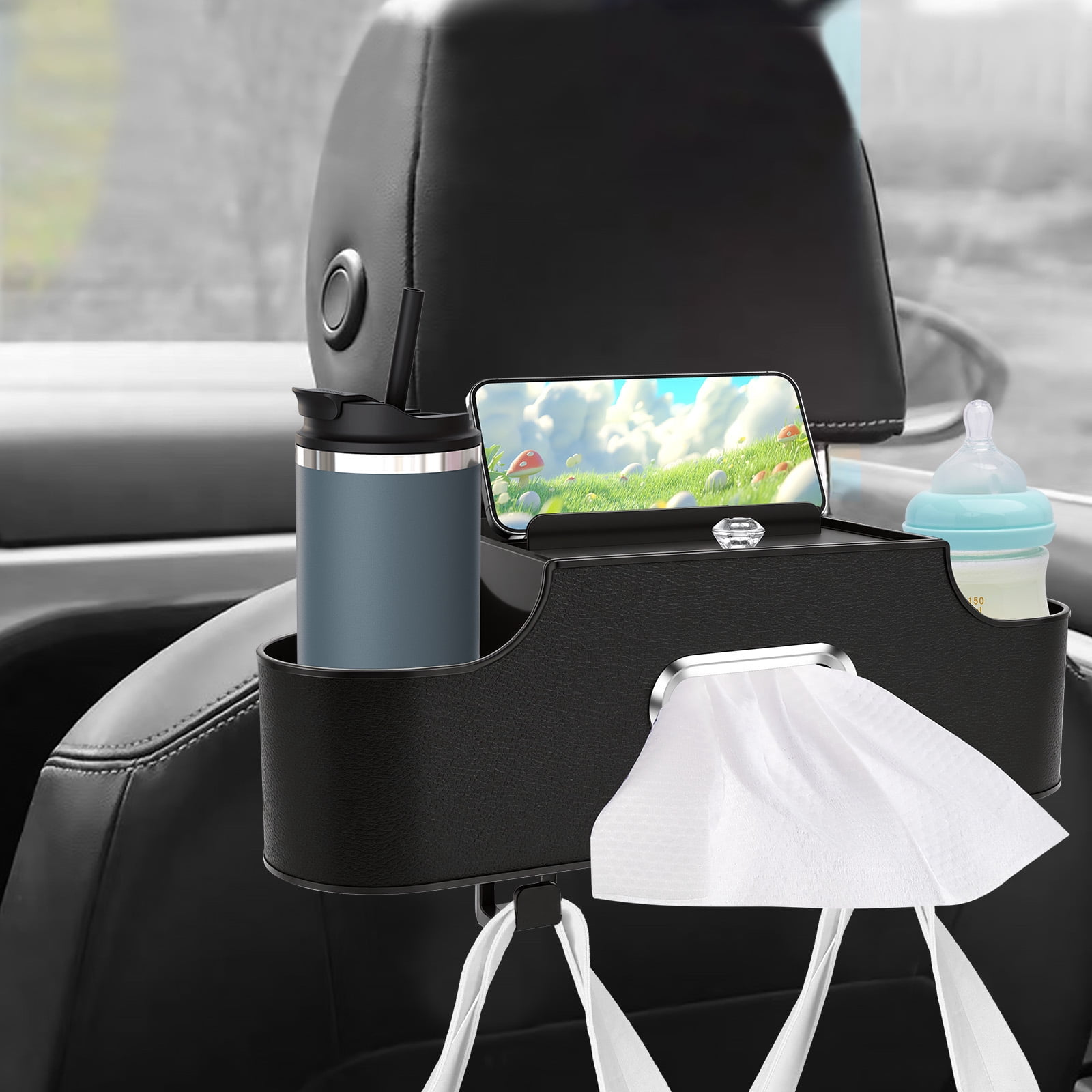 2Pcs Car Headrest Back Seat Organizer Multifunctional Vehicle Backseat Tissue Cup Holder with Hook for Most SUV MPV Pickup Truck