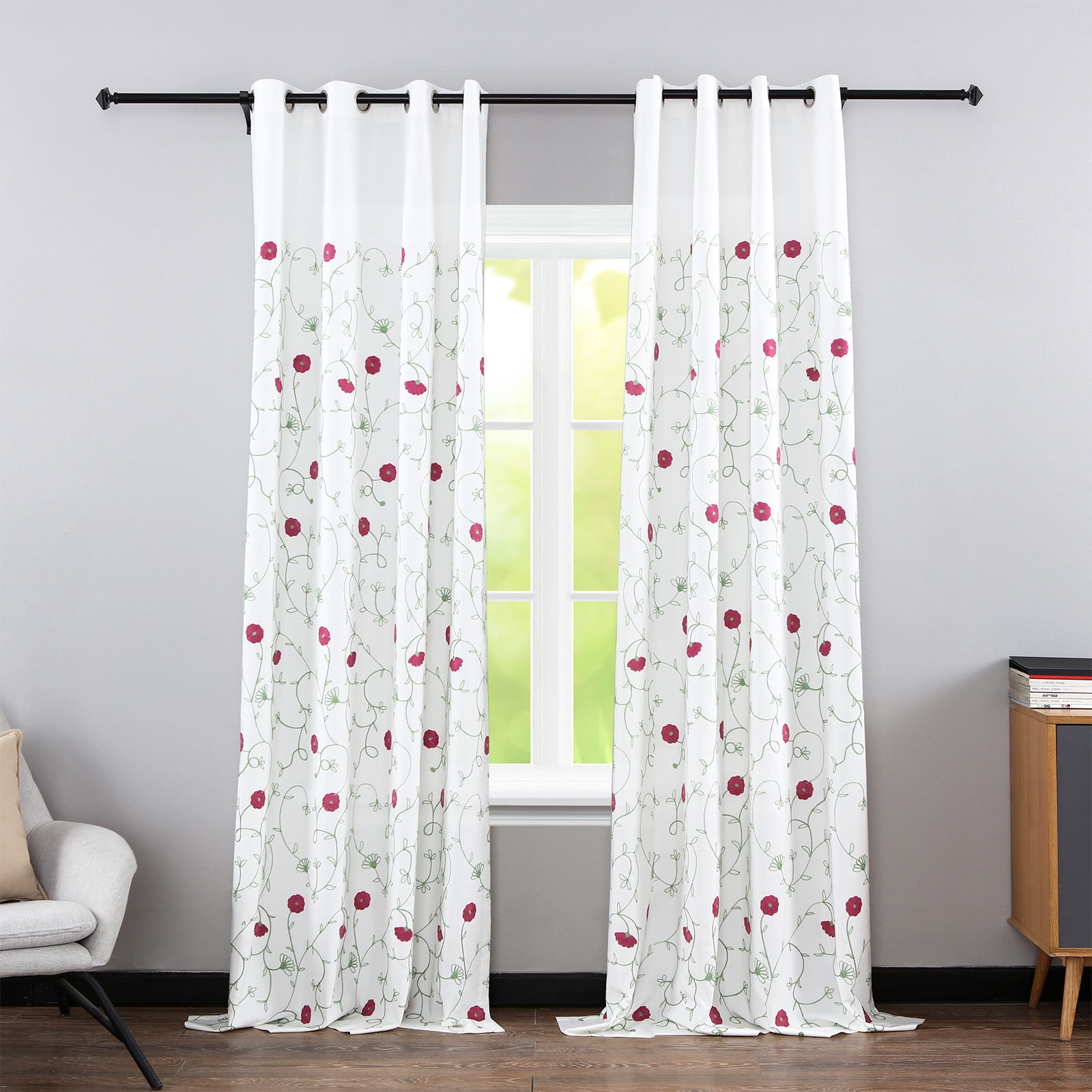 VOGOL Red Floral Pattern Embroidered Curtains, Light Filtering Elegant Faux Linen Drapes for Bedroom, Grommet, W52"xL84", 2 Panels