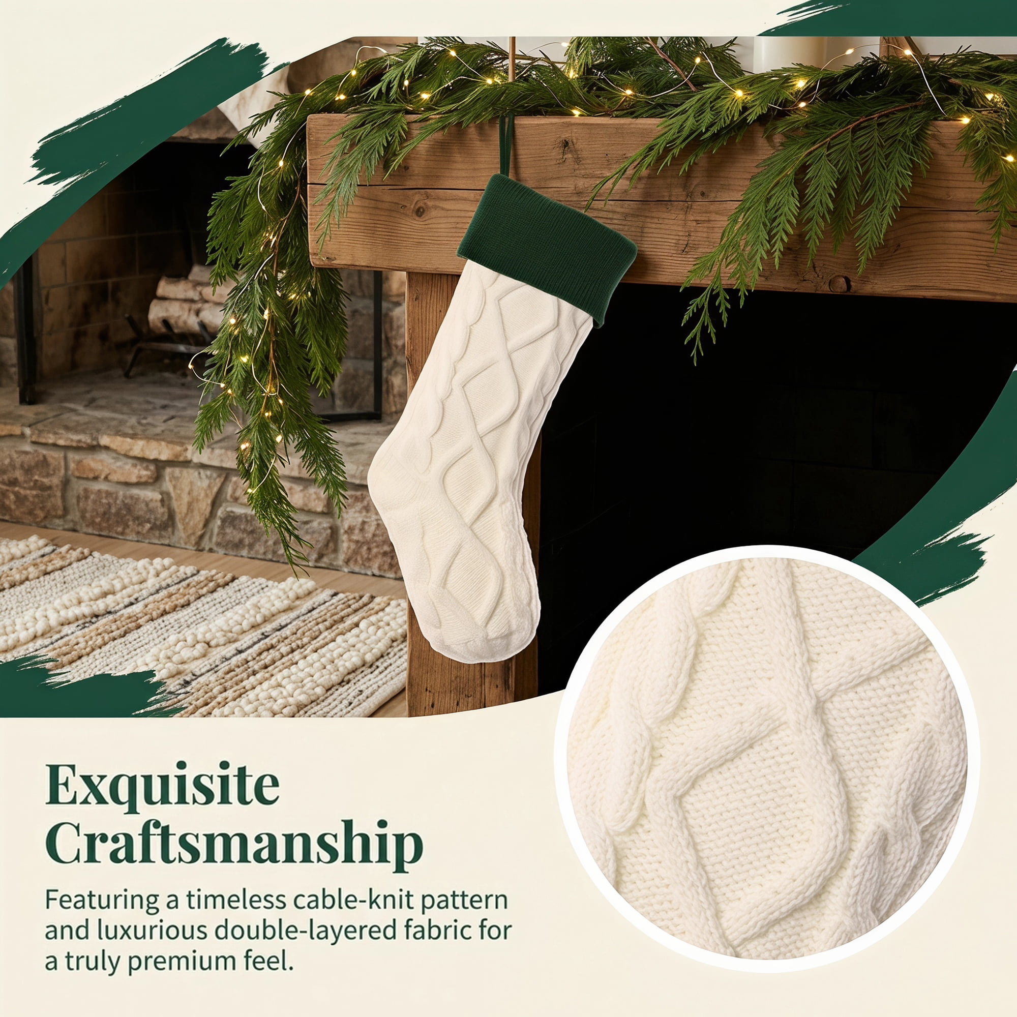 Unique Bargains Luxurious Cable-Knit Christmas Stocking White Green 18"