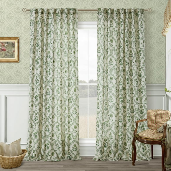 Cortinas TwoPanels Farmhouse Floral Linen 230x229 cm Olive Gr
