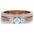 thumbnail image 4 of JeenMata Past Present Future 1 Carat Round Cut Blue Moonstone and Moissanite Art-Deco Edwardian Cathedral Wedding Ring Set in 18K Rose Gold Plating over Silver, 4 of 6