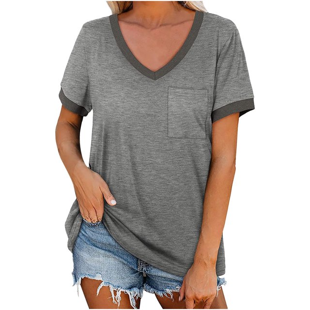Timegard Womens Short Sleeve Tops V-Neck Comfy Casual Loose Tops with Pockets Basic Tshirts Blouses