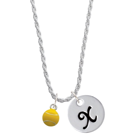 Delight Jewelry Silvertone Mini Enamel Tennis Ball Silvertone Script Initial Disc - X - Charm Necklace, 20"+3"