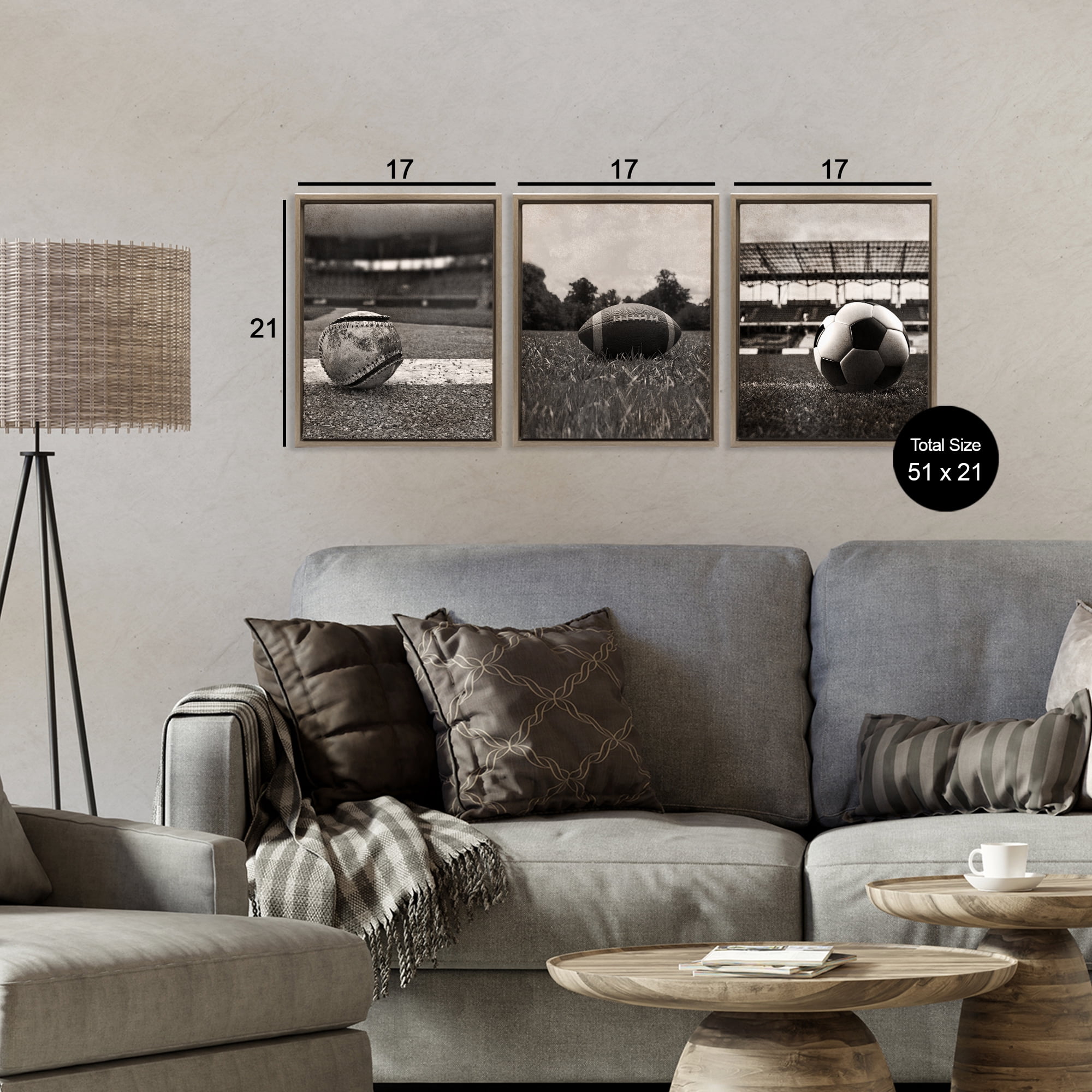 Stupell Industries Vintage Sports on Field 3 Piece Brown Framed Floater Canvas Set, design by Marcus Prime