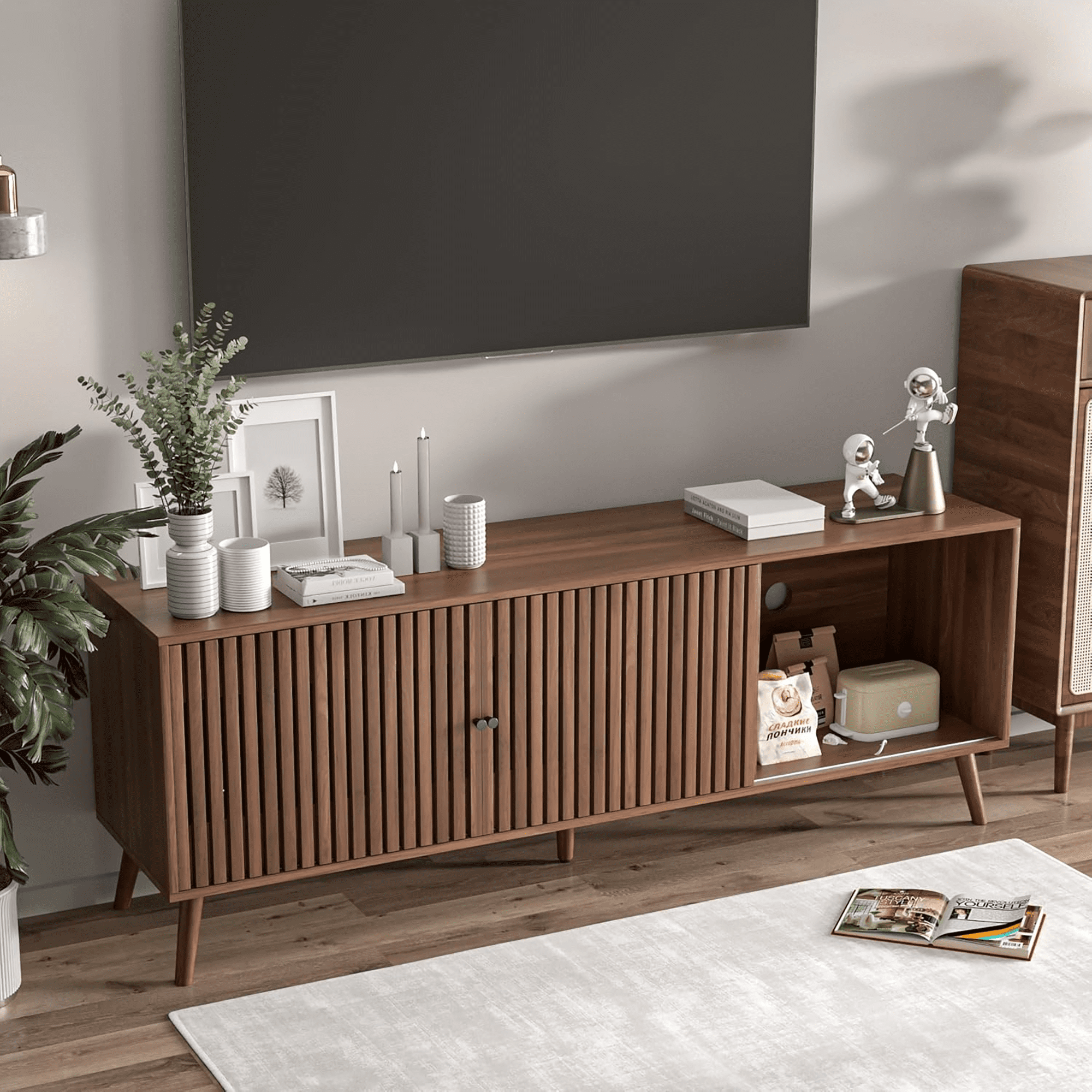 Oubayajia Mid-Century Modern 63" TV Stand for TVs up to 70”, Wood TV Console with Waveform Sliding Doors and Storage, Entertainment Center for Living Room Bedroom, Walnut