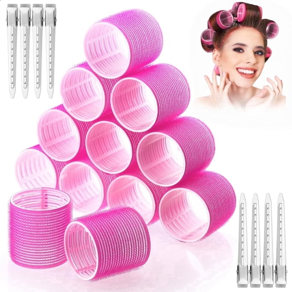 Jumbo Hair Rollers for Volume, 12 Pcs 2.4" Self Grip Hair Curlers Set with Clips for Long Thick Hair, Large Salon Blowout Tools, Rose Red