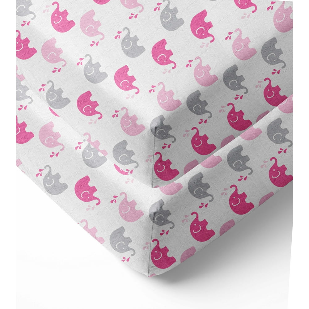 Bacati Elephants Crib/Toddler Bed Fitted Sheets 100 Cotton Muslin 2 Pack, Pink/Gray Walmart