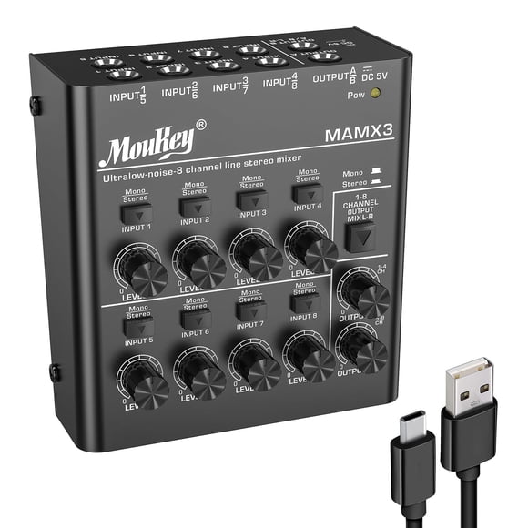 Moukey Mini Audio Mixer Line Mixer,DC 5V, 8-Stereo Ultra/Low-Noise 8-Channel for Sub-Mixing, Ideal for Small Clubs or Bars. As Mi