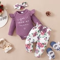 thumbnail image 2 of Kucnuzki Newborn Girls Outfit Sets Fall Ruffle Long Sleeves Letter Print Romper Top Floral Pants with Headband 3pcs Pant Sets Purple 0-3 Months, 2 of 10