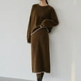 thumbnail image 2 of Two Piece Solid Lounge Set for Women Long Sleeve Crewneck Shirt Long Skirt Knitted Outfits Khaki Free Size, 2 of 8