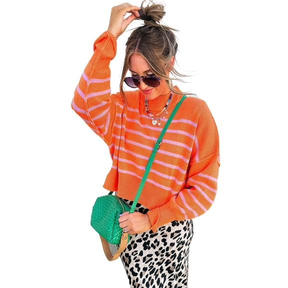 Women's Orange Stripe Ribbed High Neck Drop Shoulder Boxy Fit Sweater | [ZhiHiMeRi] | L
