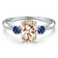 thumbnail image 3 of Gem Stone King 10K White Gold Peach Morganite and Blue Created Sapphire 3-Stone Ring for Women | 1.28 Cttw | Oval 8X6MM | Gemstone October Birthstone | Size 9, 3 of 6