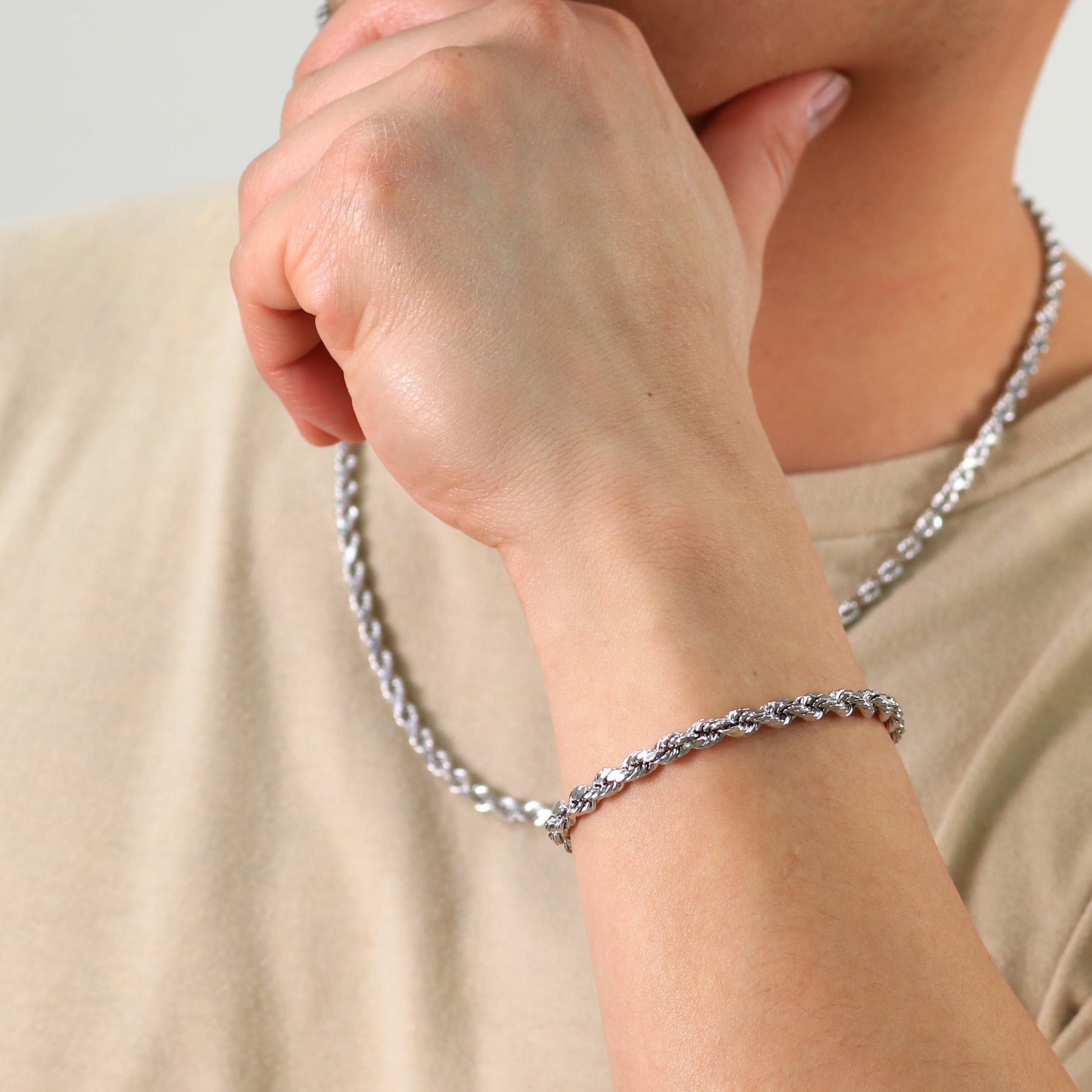 Nuragold 10K Real White Gold Rope Diamond Cut Chain Bracelet 7"-9" (2mm-5mm) Italian Jewelry for Men & Women