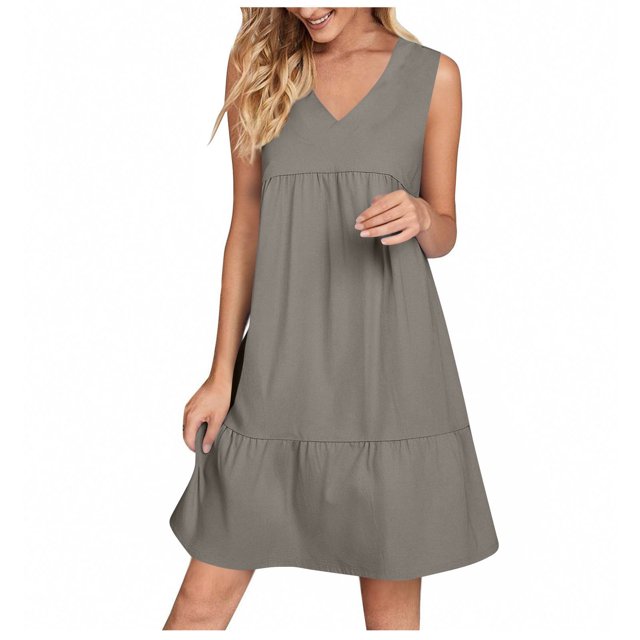 LOVZFMLL Robes pour Femmes Été Décontracté Tunique Ample Robes Col en V Manches Courtes/sans Manches Fluide Longueur Genou Robes Gris B S