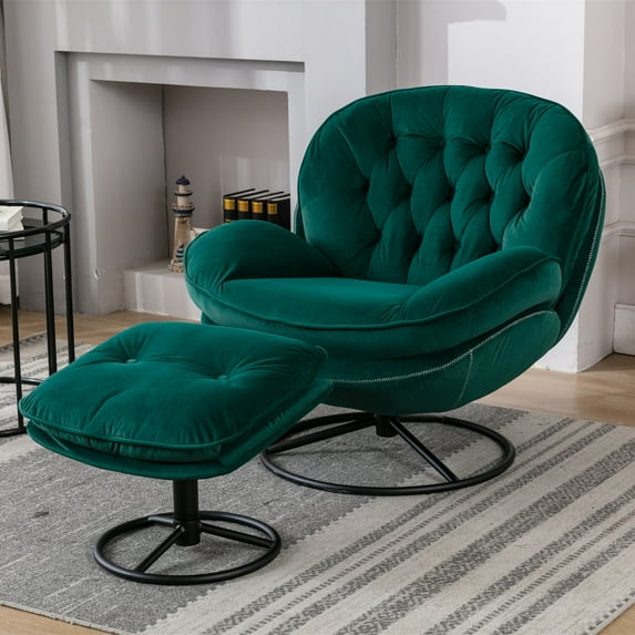 COZYSWAN Chair and Ottoman Set, Velvet Fabric Recliner Modern Leisure Accent Chair, Green
