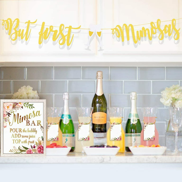 Mimosa Bar Party Decoaration Kit with But First Mimosa Banner,Floral Mimosa  Bar Sign,Juice Label Tags with Strings,Paper Confetti,10''Latex Balloons  for Your Birdal Shower,Bachelorette,Engagement,Coral Birthday Decorations