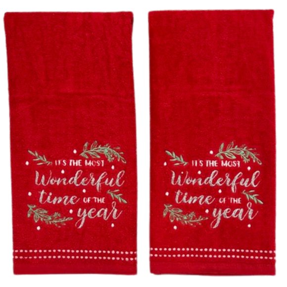 Christmas Bath Hand Towels 16 X 25 Inches 100% Cotton Set Of 2 Red With Embroidered 'It'S The Most Wonderful Time Of The Year'