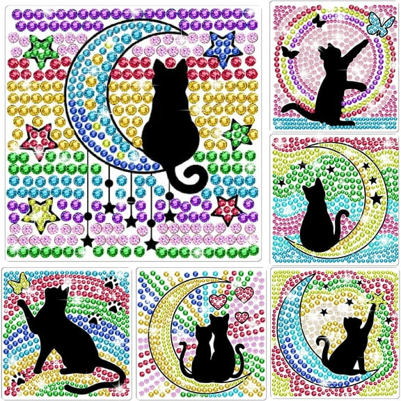 6 Pieces Diamond Window Art Craft Kits for Big Gem 5D Colorful Cat and Moon Diamond Window Art Suncatcher Kit for Beginners DIY Gem Arts and Crafts for Home Window Decor 6X6 inch