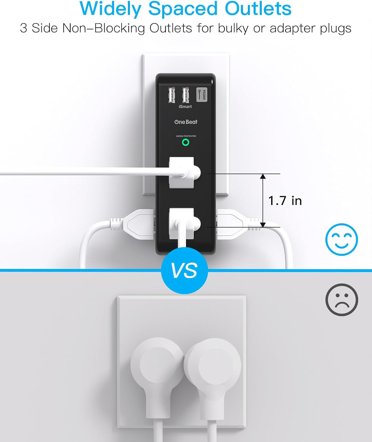 PD20W Surge Protector Outlet Extender, 1800J Rotating Plug, 6 AC Outlets & 3 USB Ports(1 USB C), 3-Sided Wall Power Adapter for Home Office