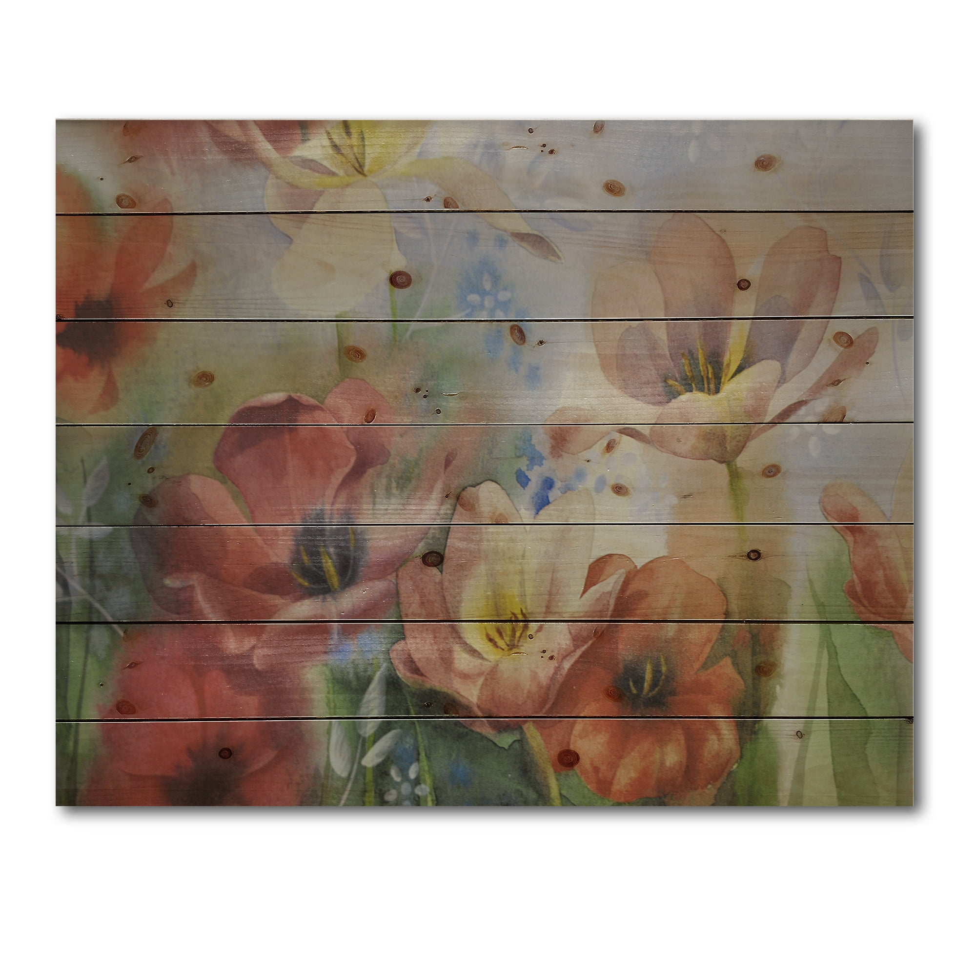 Designart 'Ancient Flowers In Dark Pastel Colours' Traditional Print on Natural Pine Wood