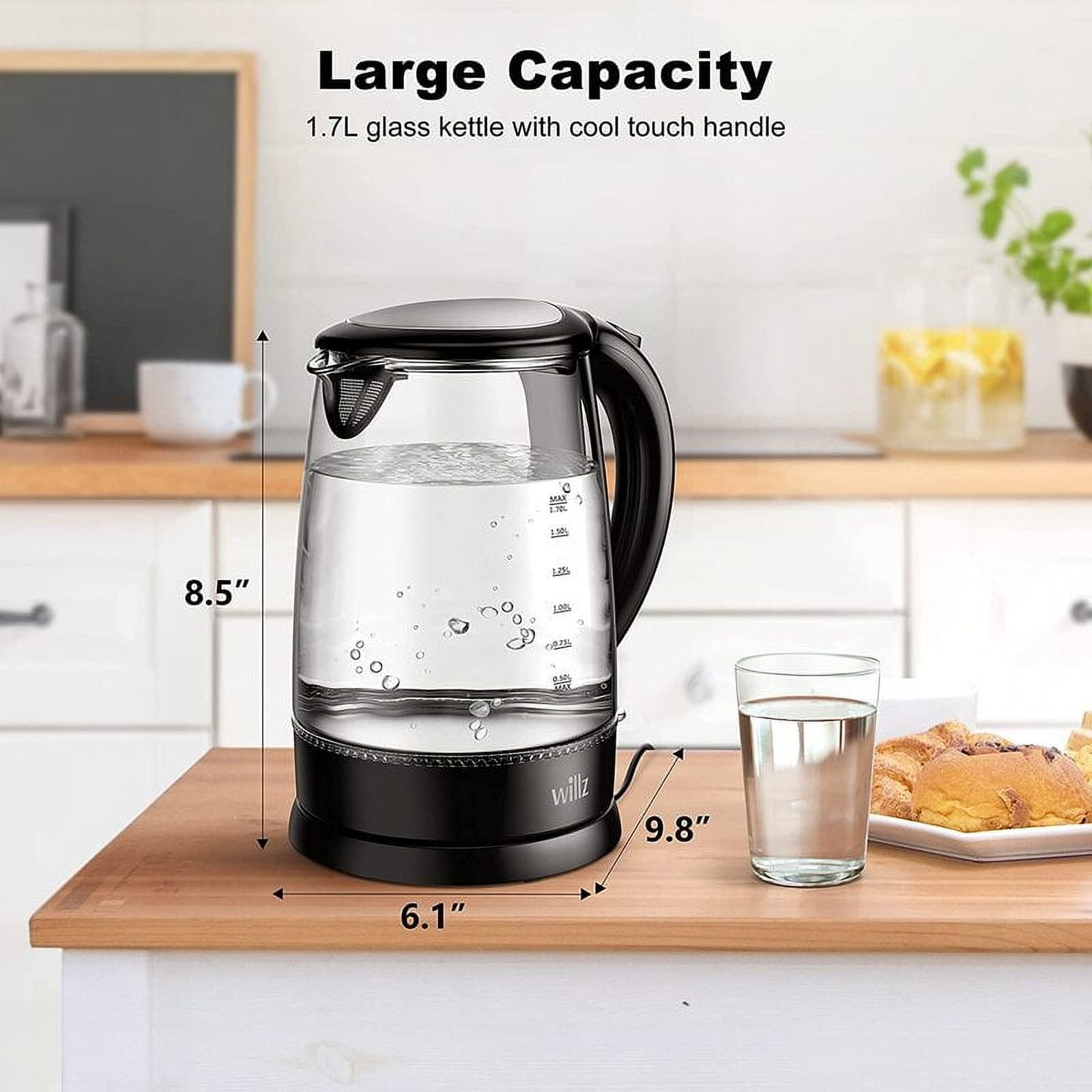 Willz Electric Glass 1.7L 1500W Kettle with Heat Resistant Handle and Quick Boil Technology in Black