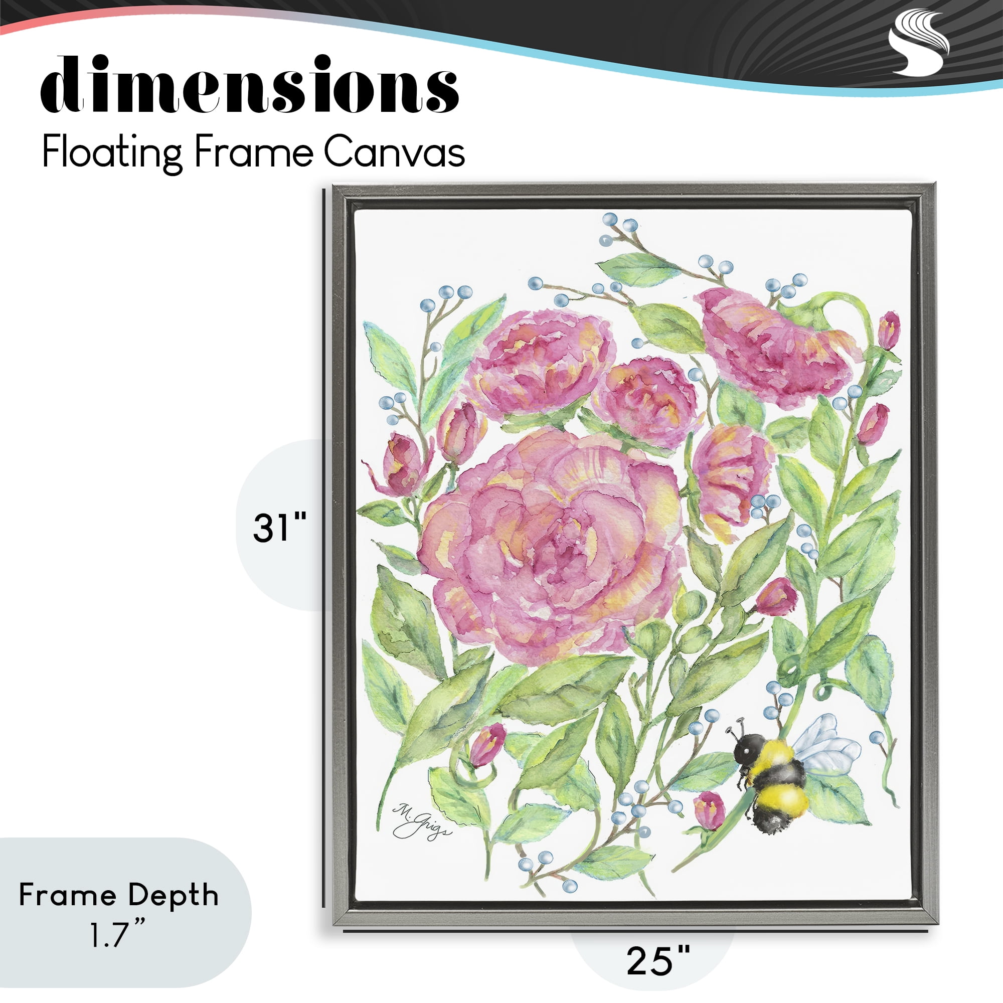 Stupell Industries Peony & Bumble Bee Gray Framed Floater Canvas Wall Art, design by Maureen Grigs