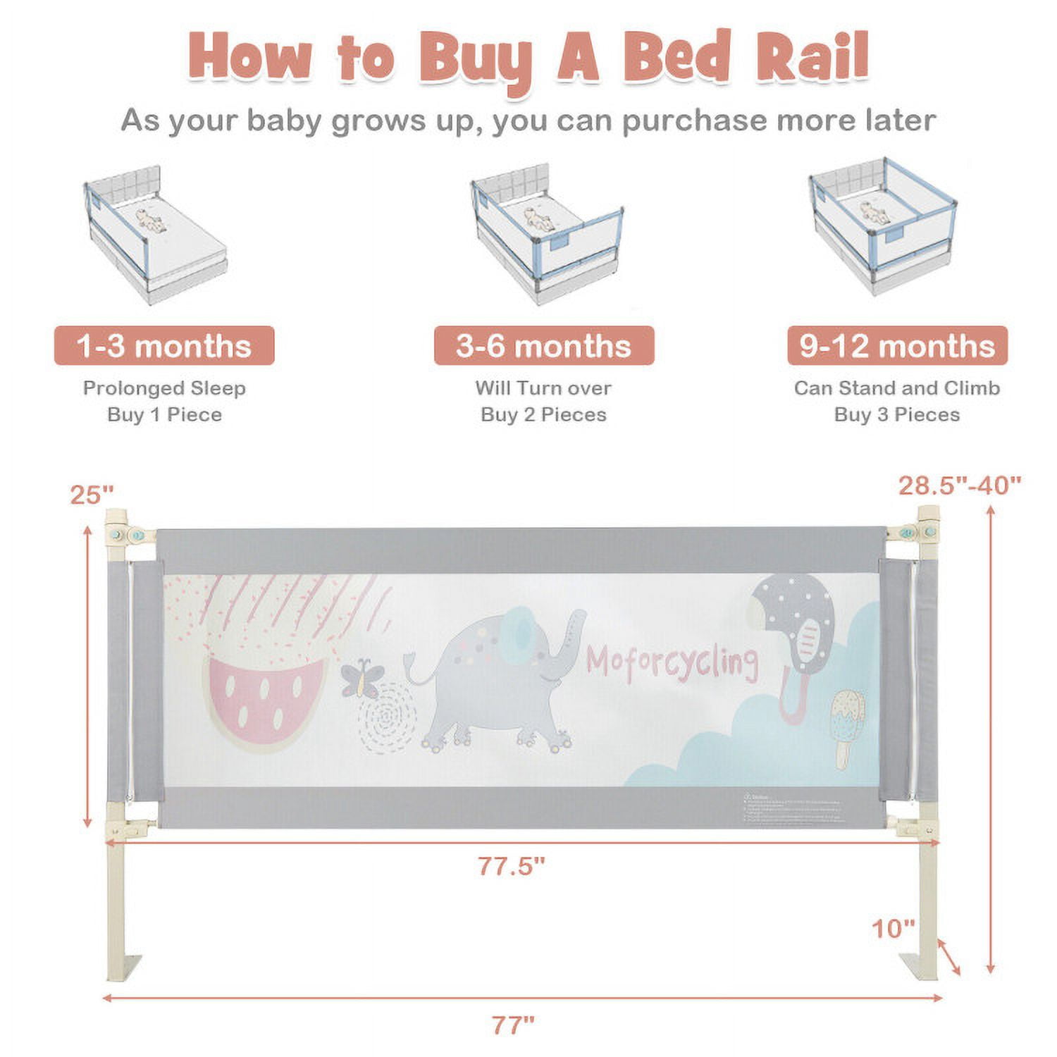 Resenkos Vertical Lifting Baby Bed Rail with Lock-L, Toddler Bed Bumper, Grey
