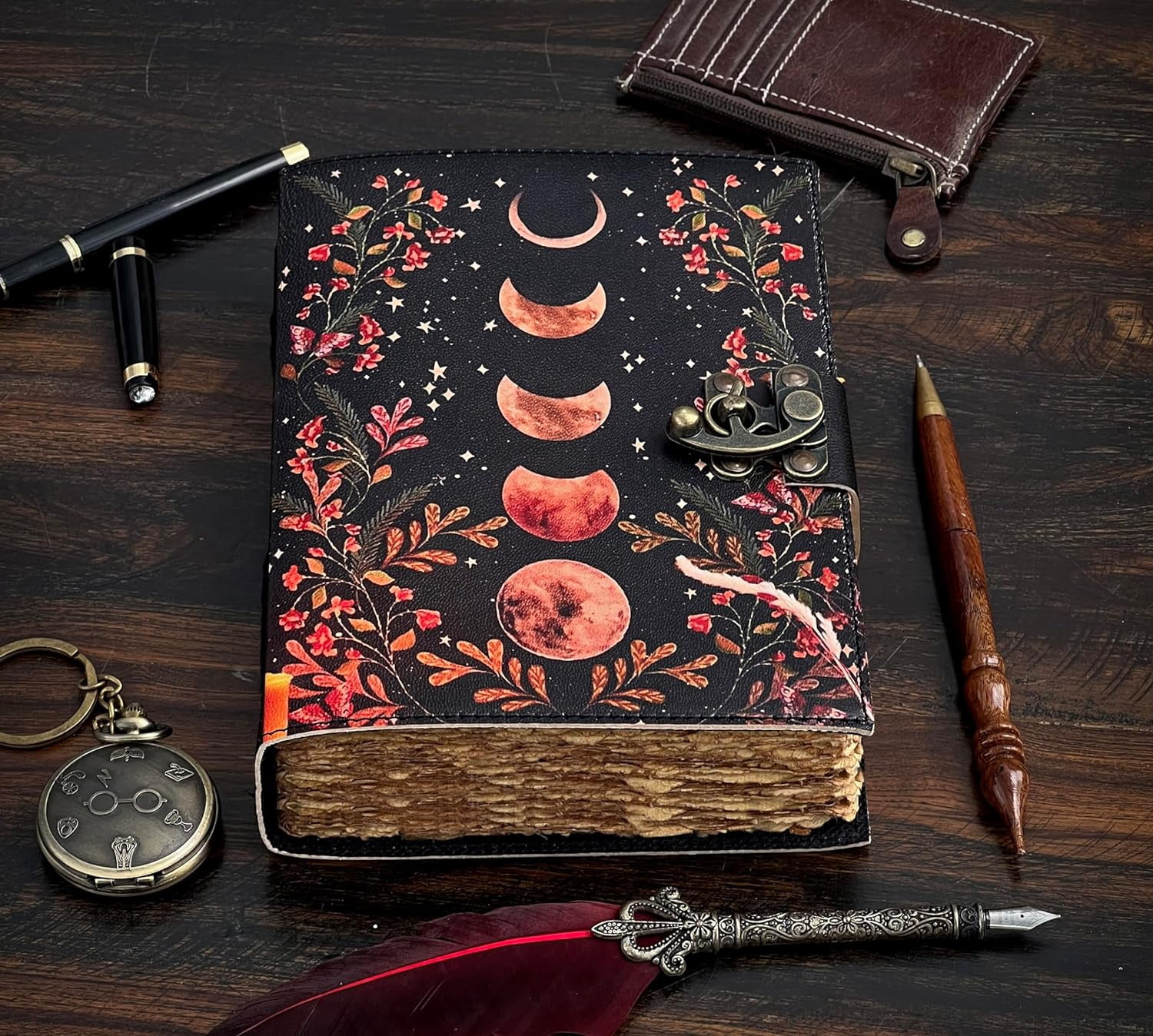 Blank Spell Book of Shadows Journal with Lock Clasp Vintage Handmade Leather Journal Moon Phase Print Diary Prayer Pagan Witchcraft Supplies Wiccan Decor Notebook Daily (10x7 Inch)