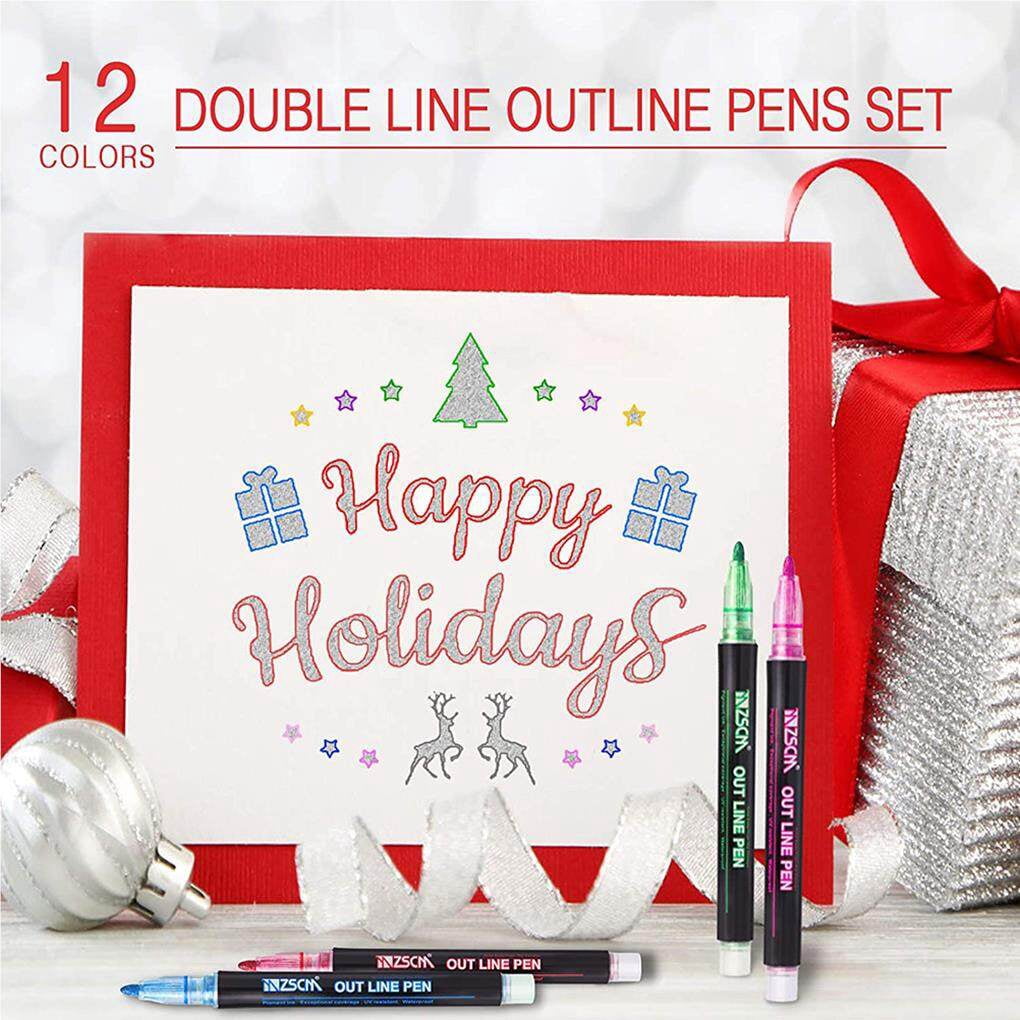 kurtrusly Outline Metallic Marker Pens 12 Colors Double Line Marker Pens Writing Drawing Highlighter Marker Pen for School Office