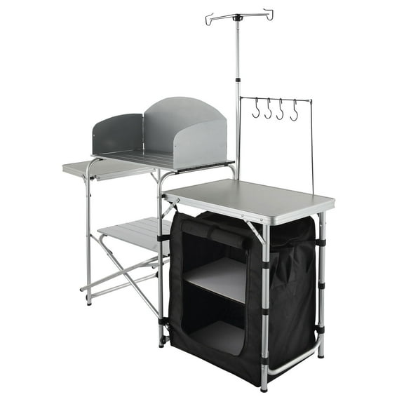 KFFKFF Folding Portable Cook Table with Cupboard, Silver