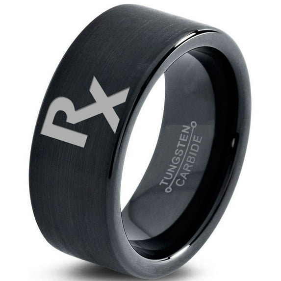 Tungsten Medical Prescription Pharmacy Symbol Band Ring 9mm Men Women Comfort Fit Black Flat Cut Brushed Polished