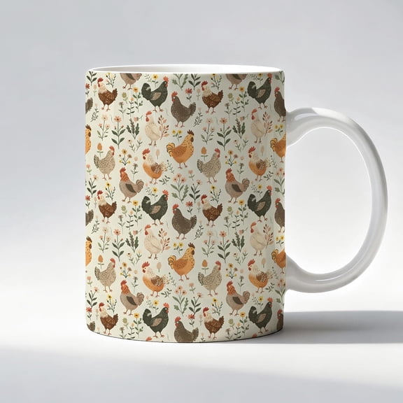 Rustic Floral Chicken Mug, Chicken Lover Mom Lady Gif Ceramic Coffee Mug, Cottagre Flower Botanil Farm Hen Rooster Coffee Tea Cups oz.