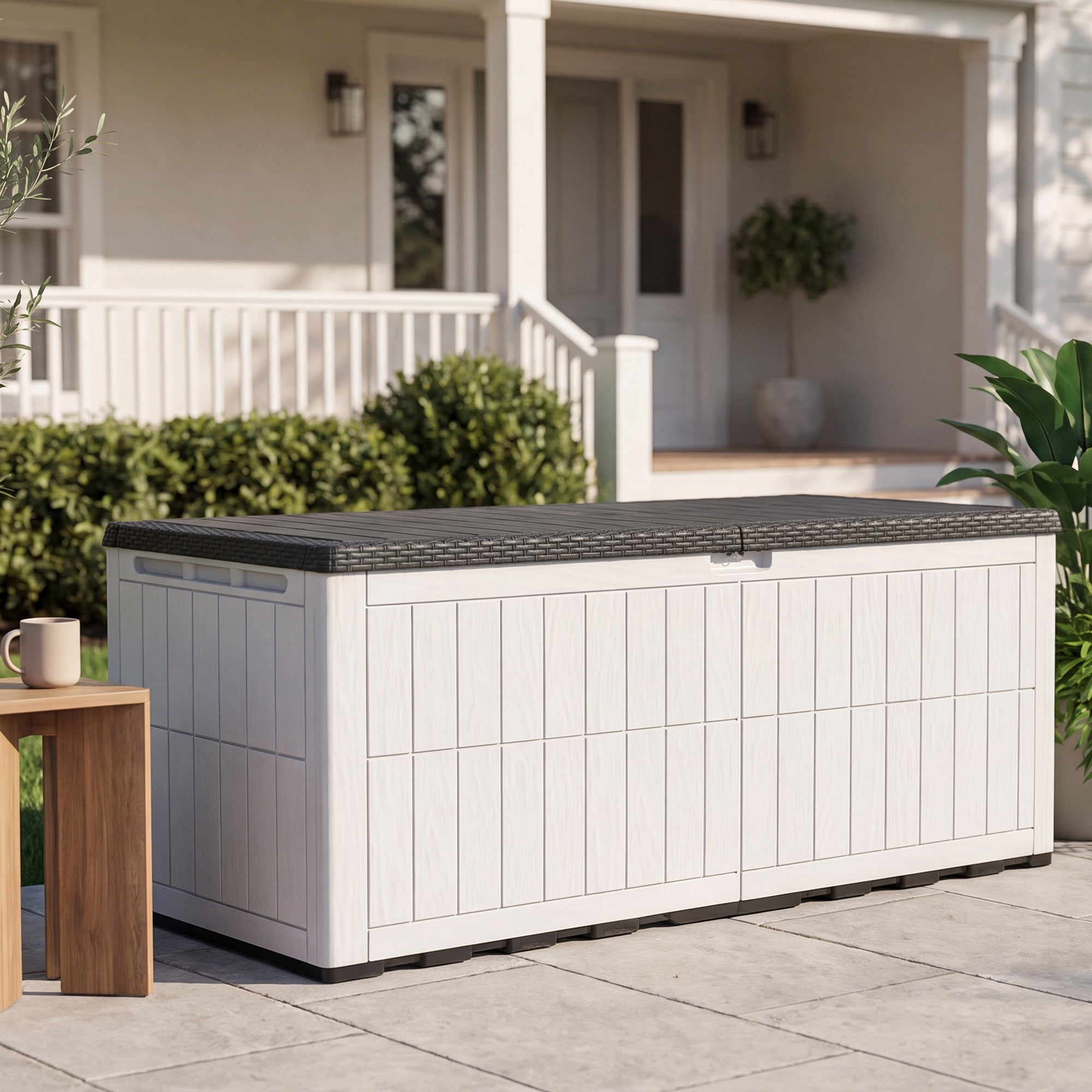 Uforic XXL 240 Gallon Waterproof Resin Deck Box, Lockable 3-Person Outdoor Storage Bench for Patio Cushions, Garden Tools & Pool Supplies