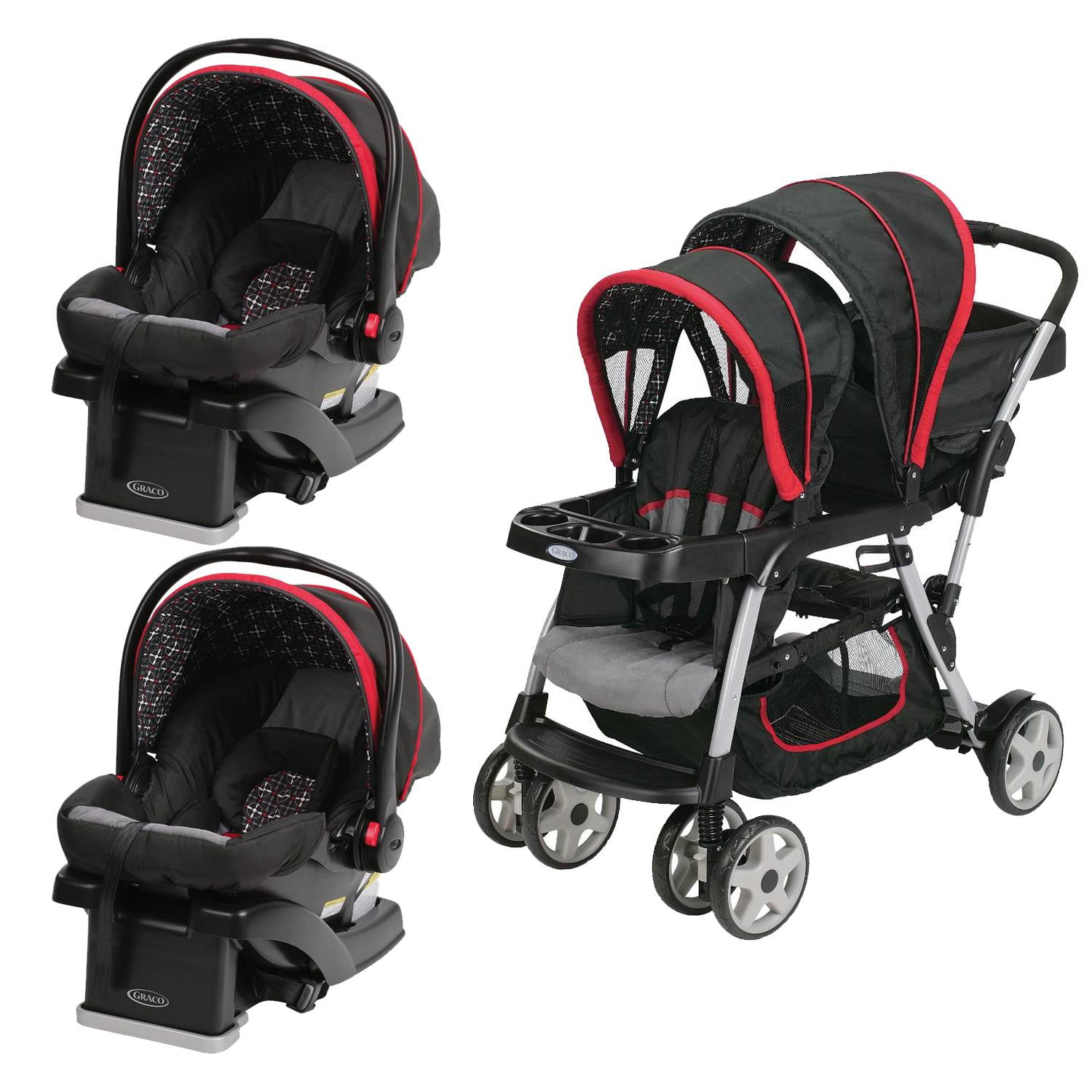 Graco Click Connect Double Seated Stroller and 2 Car Seats Travel