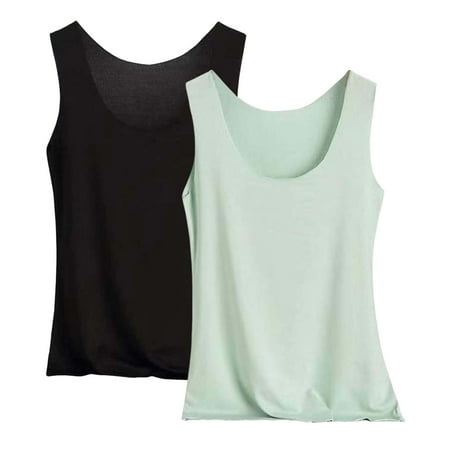 Pxiakgy Hot Sale!! Womens Modal Padded Built-In-Bra Tanks Tops Crew Neck Wireless Bra Camisole Casual Slim-Fit Shirts Tee 2Pc Green M